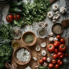 Fresh ingredients and herbs arranged for a culinary delight in a rustic kitchen setting