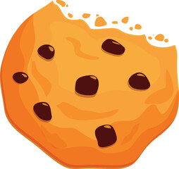 Cartoon illustration of a chocolate chip cookie with a bite missing