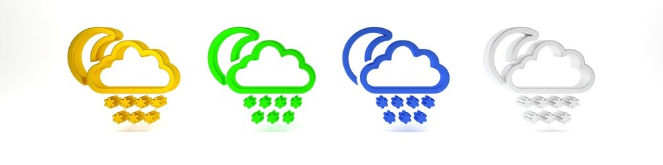 Colorful Cloud with snow and moon icon isolated on white background. Cloud with snowflakes. Single weather icon. Snowing sign. Minimalism concept. 3D render illustration