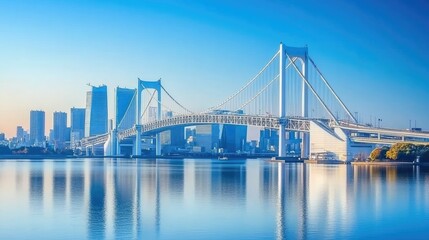 The futuristic skyline of Odaiba in Tokyo, with the iconic Rainbow Bridge in the foreground.