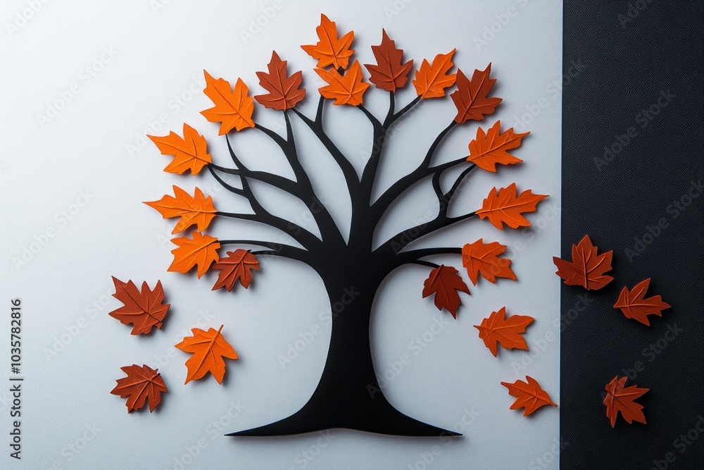 Poster a simple line drawing of a tree, with rust-colored leaves scattered at the base