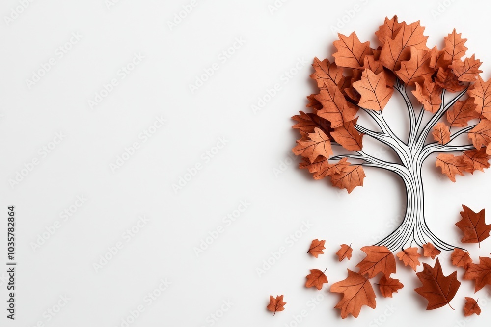 Poster A simple line drawing of a tree, with rust-colored leaves scattered at the base