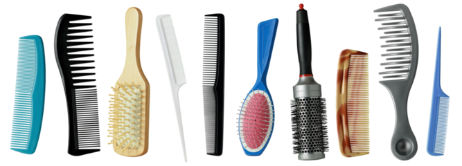 Set of different types and colors of hair brushes and combs. Each tool serves its unique purpose in achieving perfect hairstyle. Isolated on transparent background