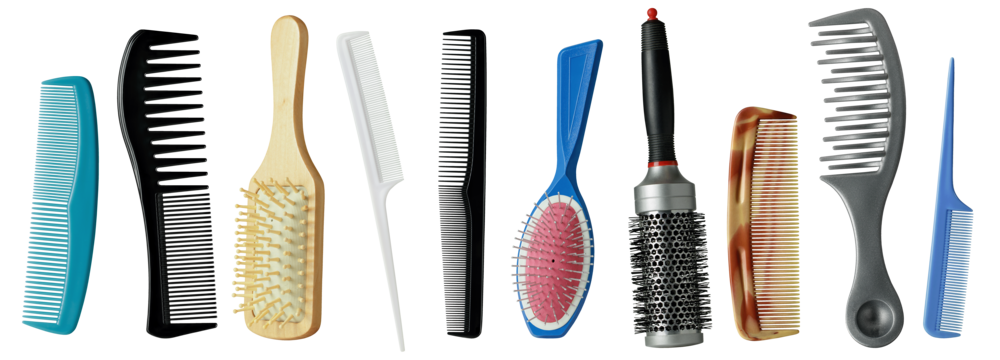 Set of different types and colors of hair brushes and combs. Each tool serves its unique purpose in achieving perfect hairstyle. Isolated on transparent background