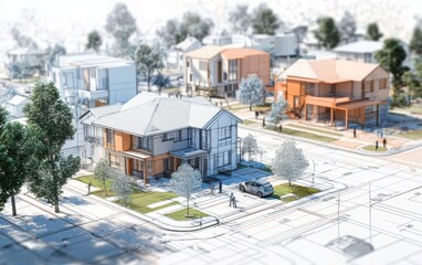 A sophisticated top-down architectural illustration showcasing a neighborhood layout with houses and people depicted in blueprint form