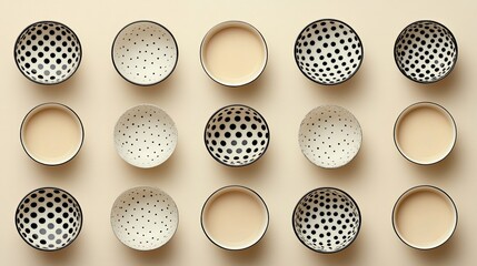 Minimalist flat lay of three patterned bowls and three filled with creamy beige liquid, arranged in repeating rows on a beige background.