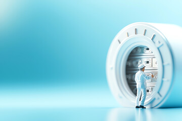 Naklejka premium Miniature stock market trader entering a secure vault with financial data, 3D illustration