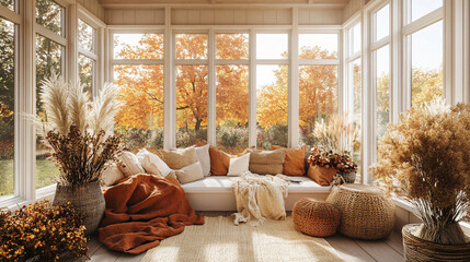Sunroom in Fall, a sunroom with cozy seating, layered blankets, and large potted plants., fall season with orange and brown accents and dried flowers for a nature-inspired atmosphere.