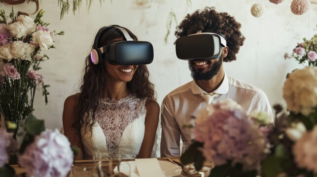 A couple hosting a virtual reality wedding ceremony, exchanging vows in a beautifully decorated virtual venue with family and friends joining from around the world, Modern lifestyle scene
