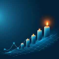 Business candlestick chart chart of stock market investment trading on blue background.