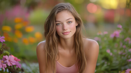Naklejka premium young woman with long hair is sitting in vibrant garden, surrounded by colorful flowers. soft focus and natural light create serene and peaceful atmosphere