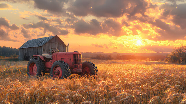 Peaceful rural scene at sunset, featuring a red tractor parked in a golden wheat field. In the background, a barn is illuminated by the warm light of the setting sun, with mountains in the distance