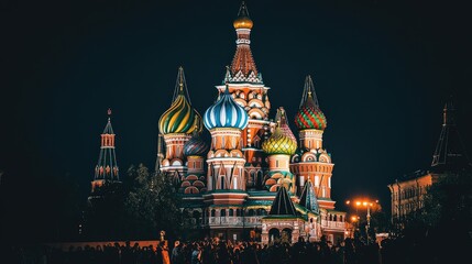Fototapeta premium The iconic Saint Basil's Cathedral in Moscow's Red Square, illuminated at night with colorful domes.