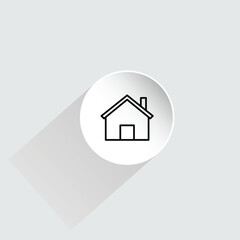 A minimalist house icon with a black outline on a white circular button. Simple, flat graphic design with shadow effect, clean aesthetic, and vector style.