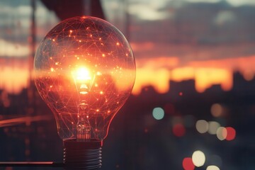 Glowing digital light bulb with tech lines