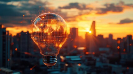 Glowing digital light bulb with connection lines