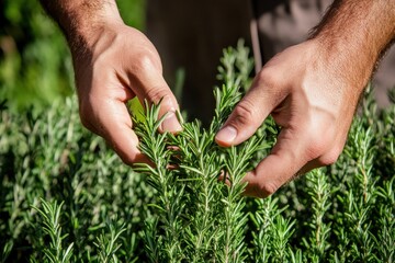 Hands picking fresh rosemary and thyme from a lush herb garden, symbolizing the natural healing and healing power of plants.