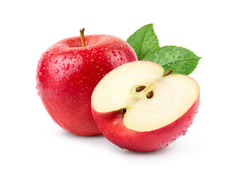 Red apple with cut in half and water droplets isolated on white background.