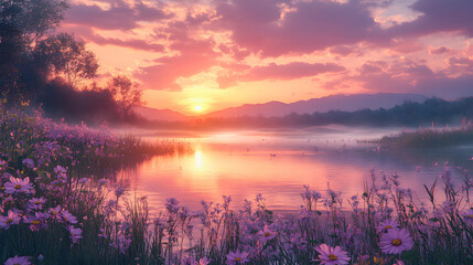 Fototapeta premium Stunning sunset with vibrant pink and purple hues over rolling hills. A river winds through the mist-covered landscape, and distant mountains and a tower are visible on the horizon. 