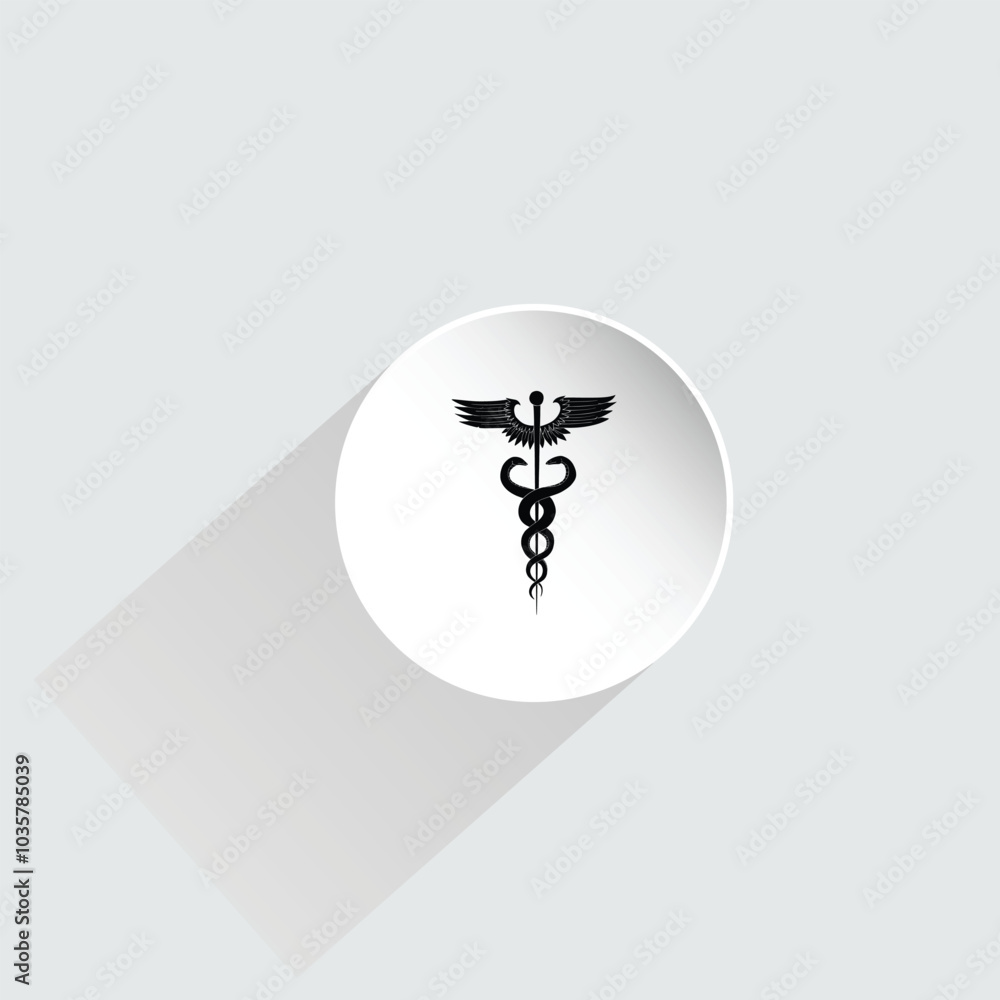 Poster a minimalist black-and-white caduceus icon with a circular frame, crisp lines, and drop shadow. prof