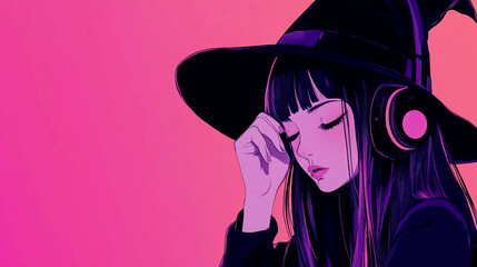 Stylized anime illustration of a young witch wearing headphones and a large hat, set against a vibrant neon pink and purple background