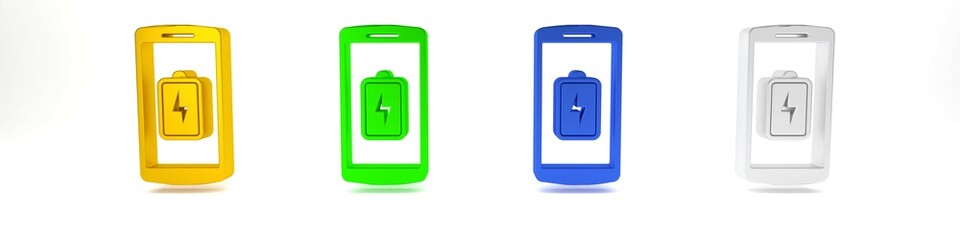 Colorful Smartphone battery charge icon isolated on white background. Phone with a low battery charge. Minimalism concept. 3D render illustration