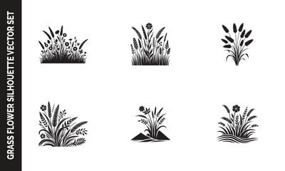 Black Grass Flower and Tree Silhouette Vector Design on Transparent Background