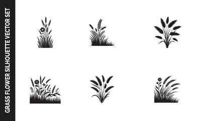 Black Grass Flower and Tree Silhouette Vector Design on Transparent Background
