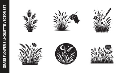 Black Grass Flower and Tree Silhouette Vector Design on Transparent Background