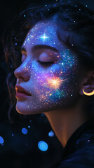 woman cosmic galaxy makeup, stars and moon, Halloween, esotericism astrology tarot divination. Banner copy space