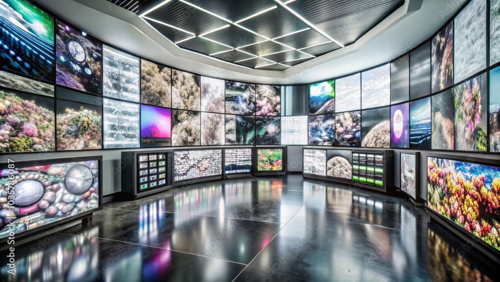 Poster nighttime digital surveillance with multiple screens displaying diverse visuals