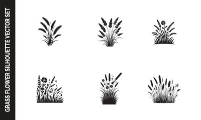Black Grass Flower and Tree Silhouette Vector Design on Transparent Background
