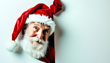 Santa Claus is holding an empty white advertising banner with space to copy.