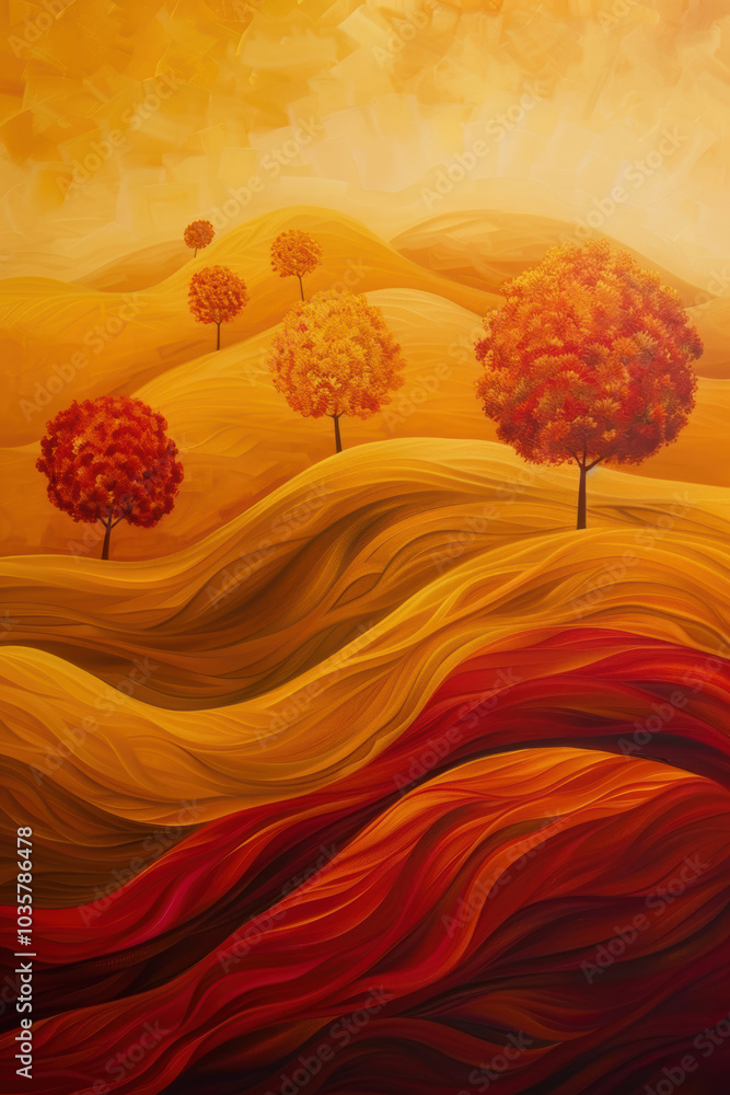 Poster abstract autumn landscape with flowing hills in soft gradient tones of golden yellow and deep red