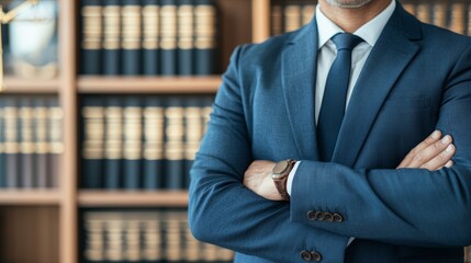 Businessman in a blue suit with folded arms, library backdrop of law books, representing authority, legal expertise, and professional services