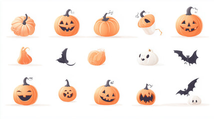 Set of Halloween themed pumpkin with scary lighting face isolated on white background