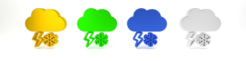 Colorful Cloud with snow and lightning icon isolated on white background. Cloud with snowflakes. Single weather icon. Snowing sign. Minimalism concept. 3D render illustration