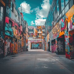 Fototapeta premium Vibrant urban alleyway adorned with colorful street art and graffiti masterpieces