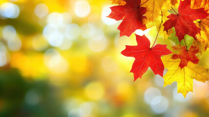 Fototapeta premium Autumn template with red maple leaves and sunlight