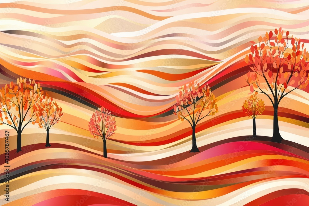 Poster abstract autumn landscape with flowing lines and gradient transitions in rich reds and oranges for p