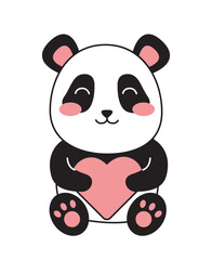 Cute minimalistic panda. Adorable asian animal with heart in hands. Cheerful mammal. Fluffy toy and mascot. Template and layout. Linear vector illustration