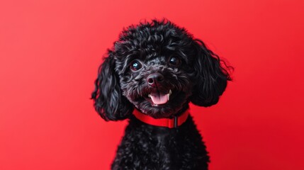 A cute black poodle with a red collar sits against a matching red background, capturing attention with its playful expression