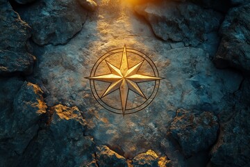 A golden compass rose embedded in textured stone, illuminated by warm light, symbolizing navigation and adventure