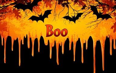 Dripping "Boo" with playful bats and candy, Halloween trick-or-treat backdrop