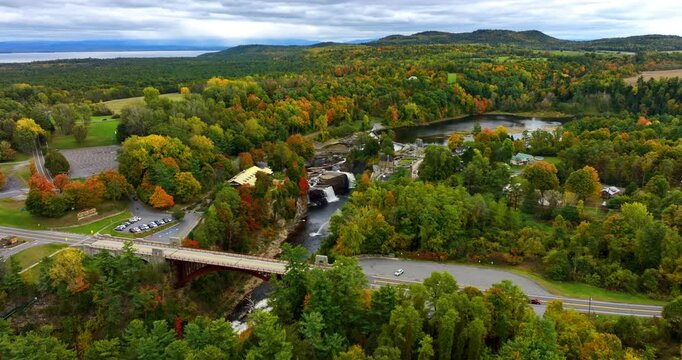 Fantastic scenery of Ausable Chasm in Adirondacks in autumn. Splendid nature around the attraction in the north-east of New York State, USA. Top view.