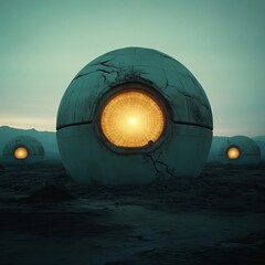 Obraz premium Abandoned alien observatory, cracked domes, alien star maps, eerie glow