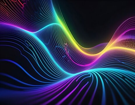 Exuberant flow of the purple, pink, yellow, and blue fluid light waves on the dark horizontal background. Created by Artist Nadia Russ. 