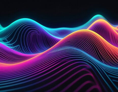 Exuberant flow of the purple, pink, orange, and blue fluid light waves on the dark horizontal background. Author Artist Nadia Russ.	    waves of light