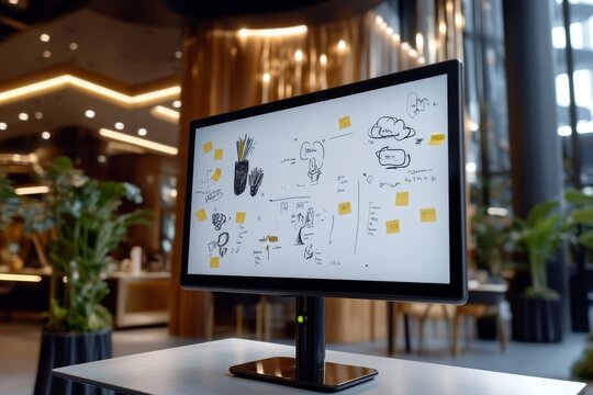 A virtual whiteboard displayed on a screen, with sticky notes and brainstorming ideas