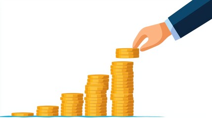 Coins arranged in an ascending pattern, with a businessman's hand adding to the stack, symbolizing the concept of increasing profits and wealth